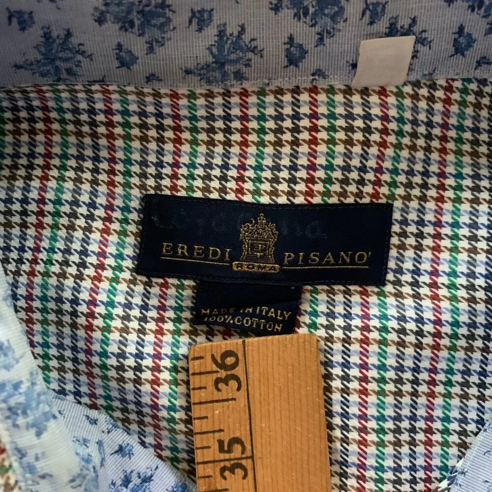 Eredi Pisano Shirt Mens 16.5 42 Houndstooth Floral Button‎ Up Italy Multicolor